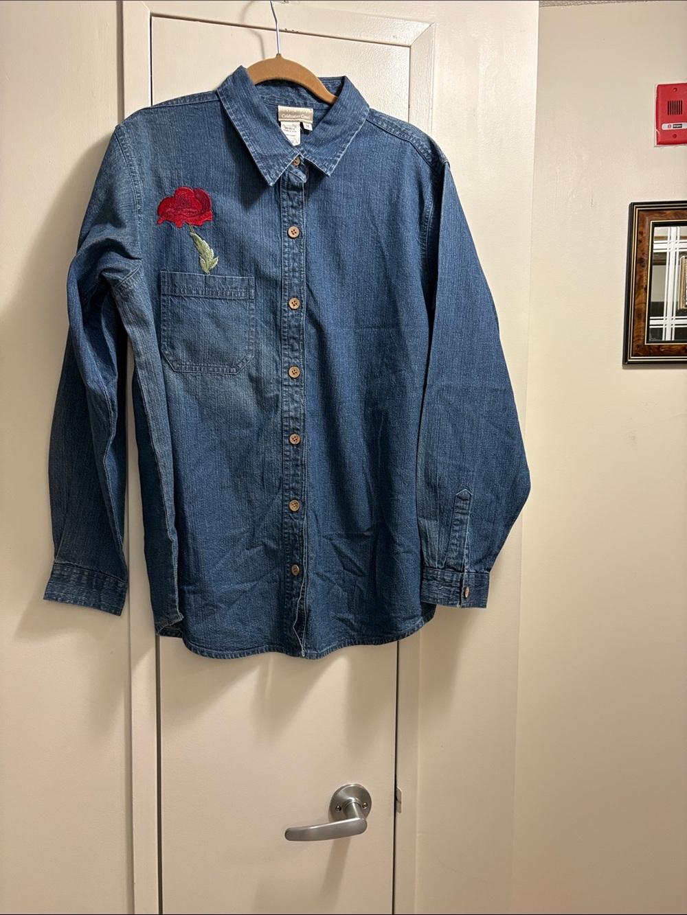 Coldwster Creek Denim Button-Down Shirt with Red Rose Embroider